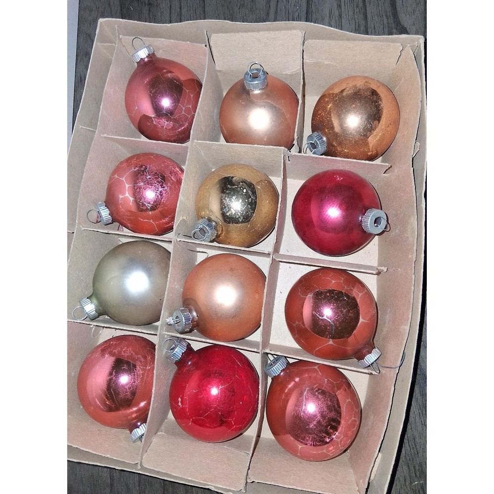 Vintage Shiny Brite Glass Christmas Ornaments Mixed Lot 12 Original Box Bottom